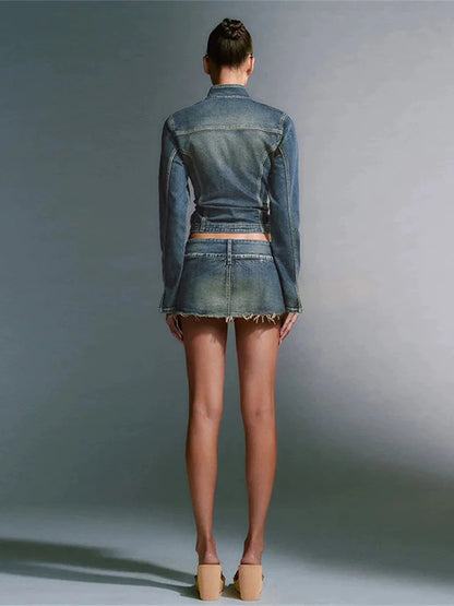 FZ Women's Vintage 2 Piece Denim Mini Skirt Suit