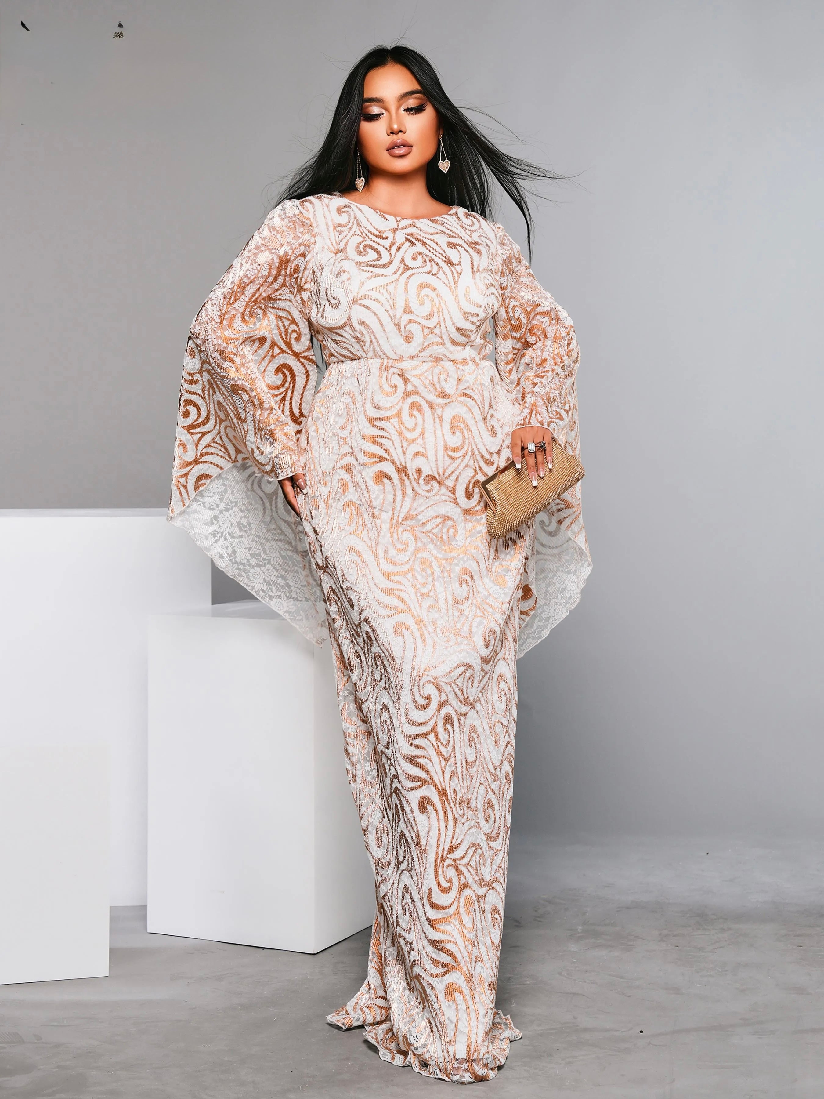 FZ Women's Plus Size Round Neck Flare Sleeve Geometric Sequin Evening Dress