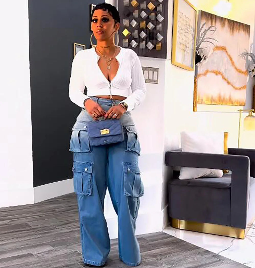 FZ Women's Wide Leg High Waist Straight Streetwear Denim Pants