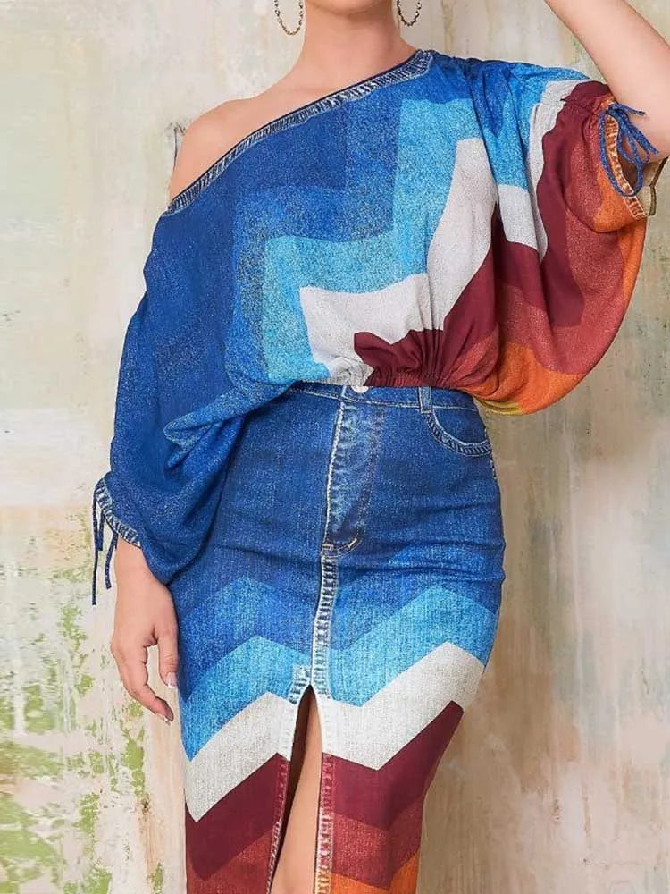 FZ Women's Streetwear Open Split 2 Piece Denim Print Skirt Suit