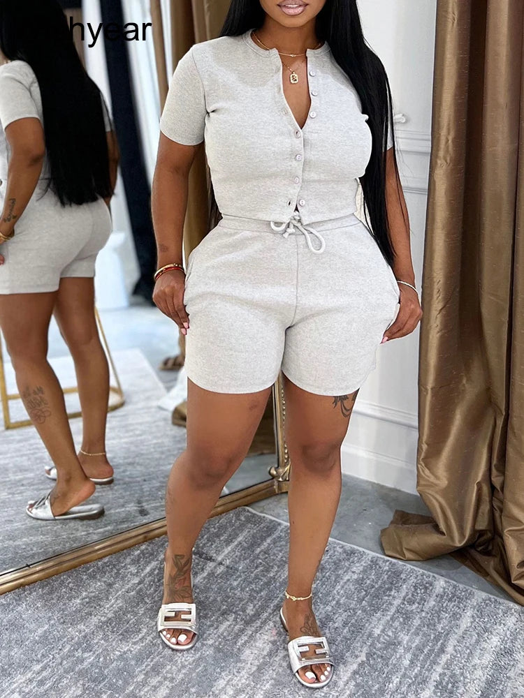 FZ Women's Casual Two Piece Short Sleeve Rib Hot Shorts Suit