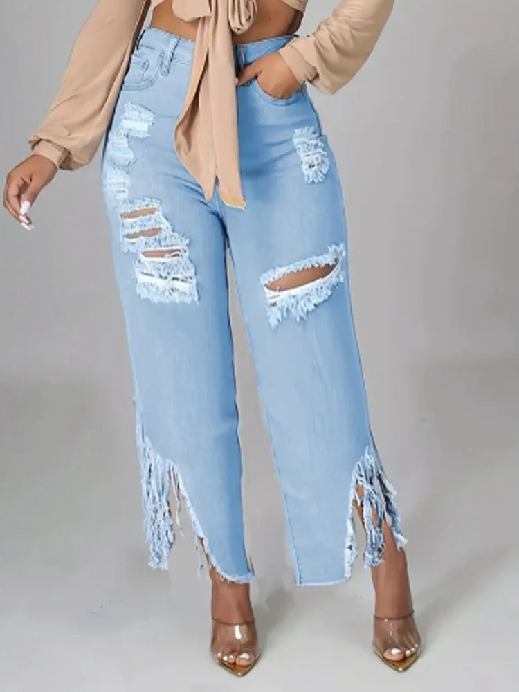 FZ Women's Straight Leg Pocket Ripped High Waisted Denim Pants