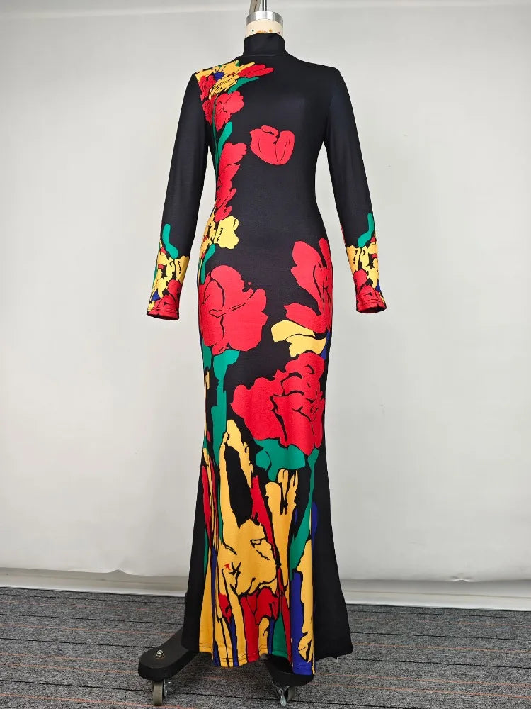 FZ Women's Elegant Floral Printed Turtleneck Long Sleeves Mermaid Maxi Dress
