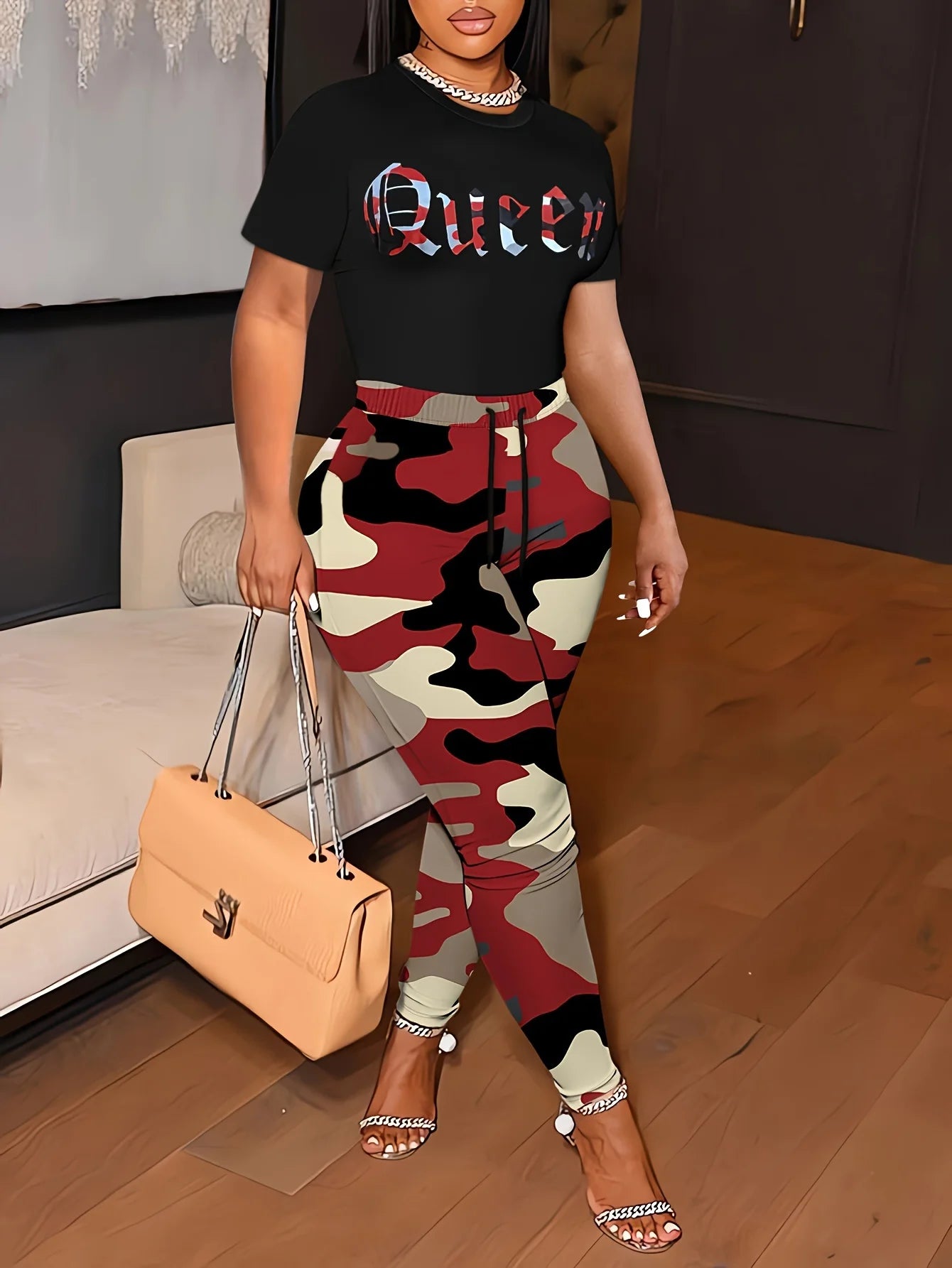 FZ Women's Pattern Camo Letter Printing Skinny Two-Piece Pants Suit - FZwear