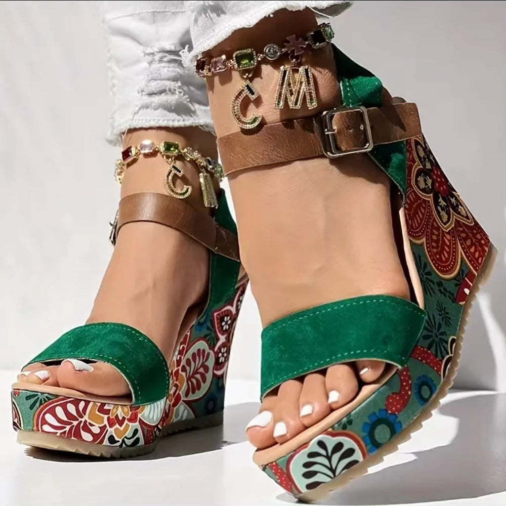 FZ Women's Floral Print Suede Bohemian Wedge Sandals Shoes