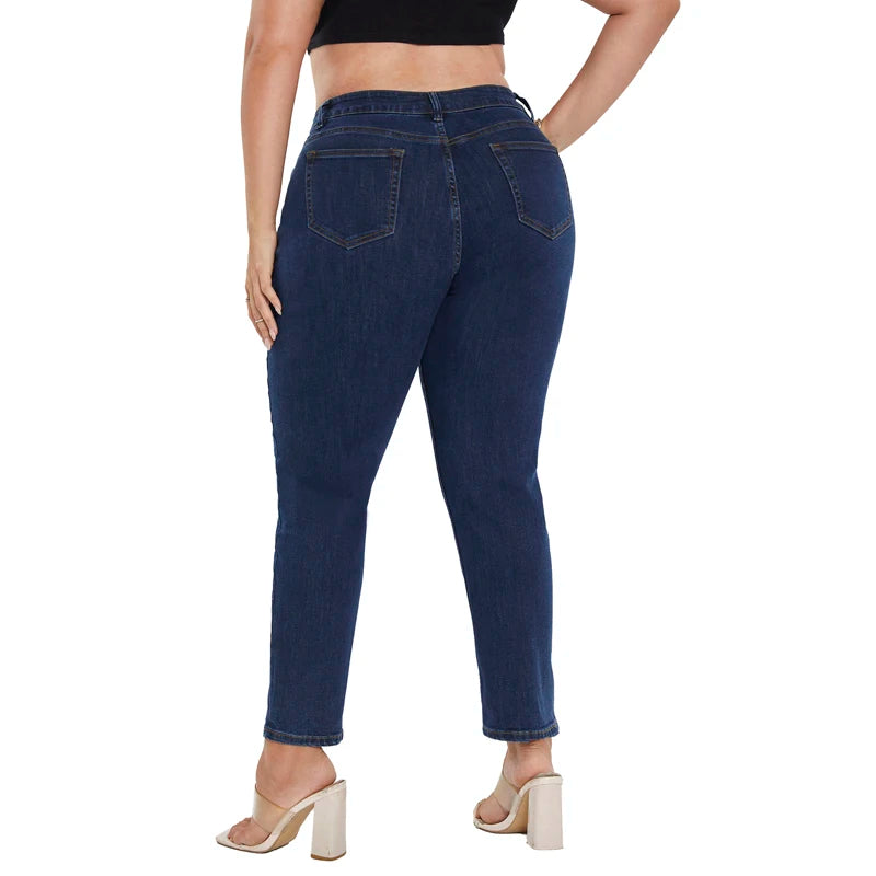 Plus Size Women Jeans Spring Stretchy Straight Loose Blue Full Length Mid Rise Waist Washing 4XL 6XL 110 Kgs Lady Pants FZwear