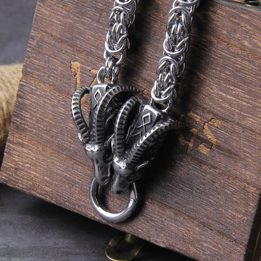 Stainless Steel Viking Goat Head Square-link Chain with Round Clasp without Pendant with wooden box as christmas gift FZwear