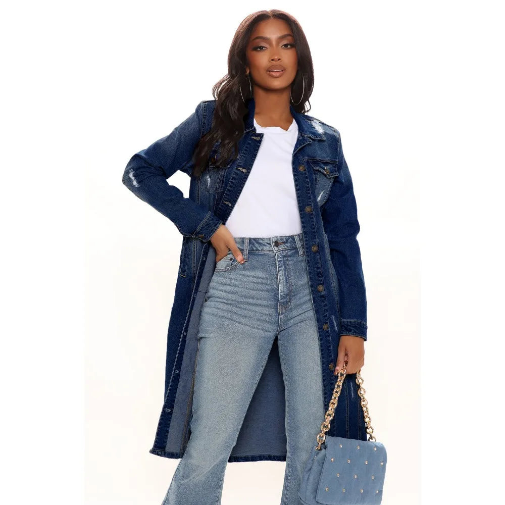 FZ Women's Hole Loose Turndown Collar Straight Denim Jacket - FZwear