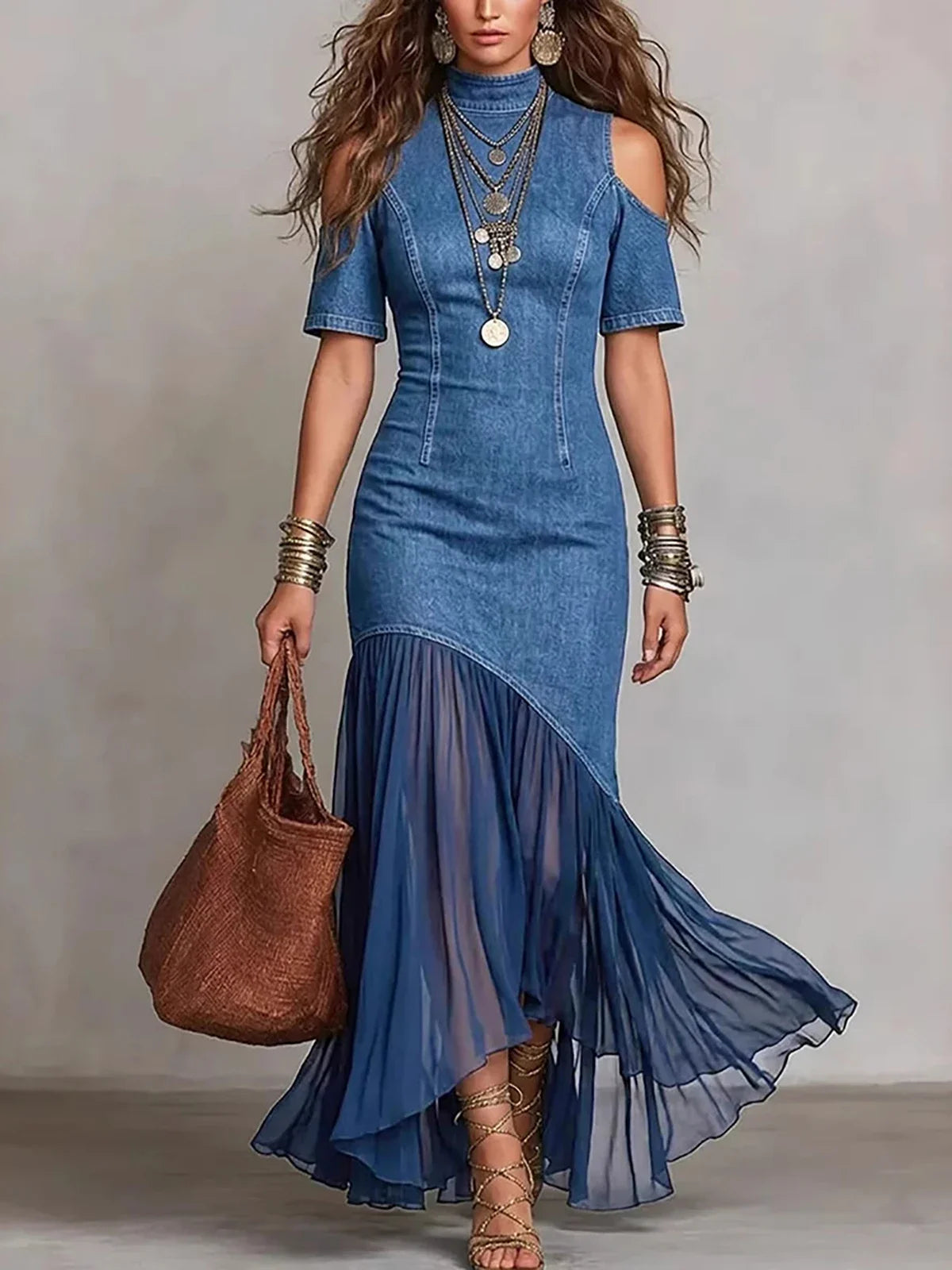 FZ Women's Vintage Patchwork Off Shoulder High Street Fishtail Denim Dress