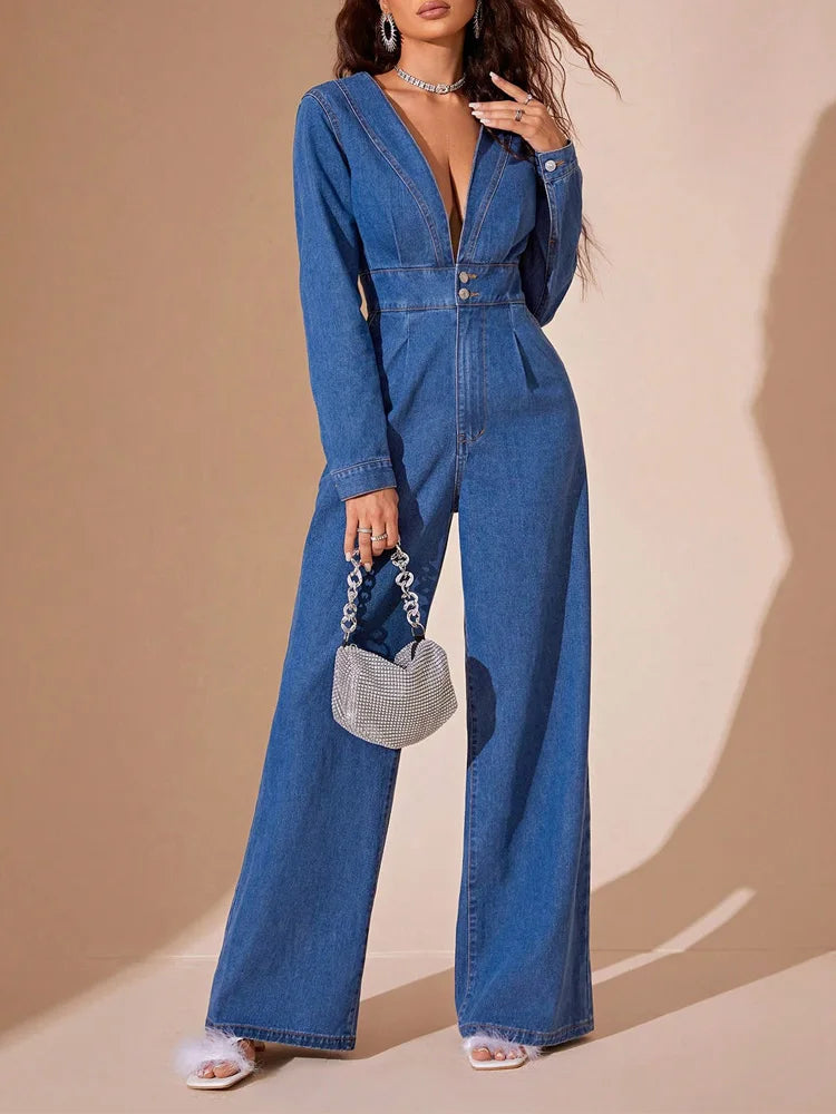 Benuynffy Sexy Deep V-Neck Denim Jumpsuit Women's Autumn High Waist Long Sleeve Office Ladies Party Wide Leg jumpsuits 2024 New FZwear