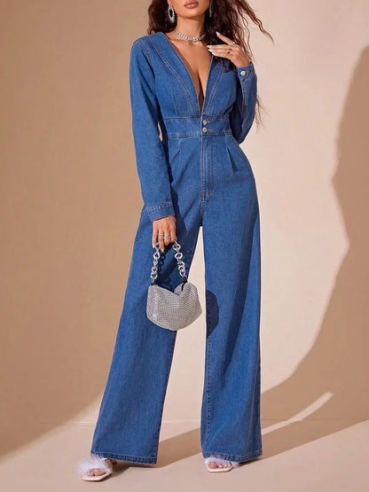 Benuynffy Sexy Deep V-Neck Denim Jumpsuit Women's Autumn High Waist Long Sleeve Office Ladies Party Wide Leg jumpsuits 2024 New FZwear