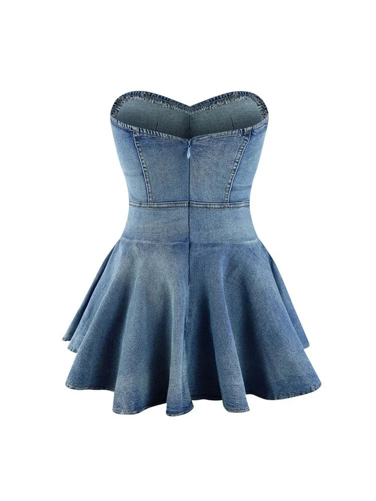 Benuynffy Sexy Tube Backless Denim Dress Women Summer Streetwear Party Sleeveless Ruffle Hem Slim Mini Dress Fashion Vestidos FZwear