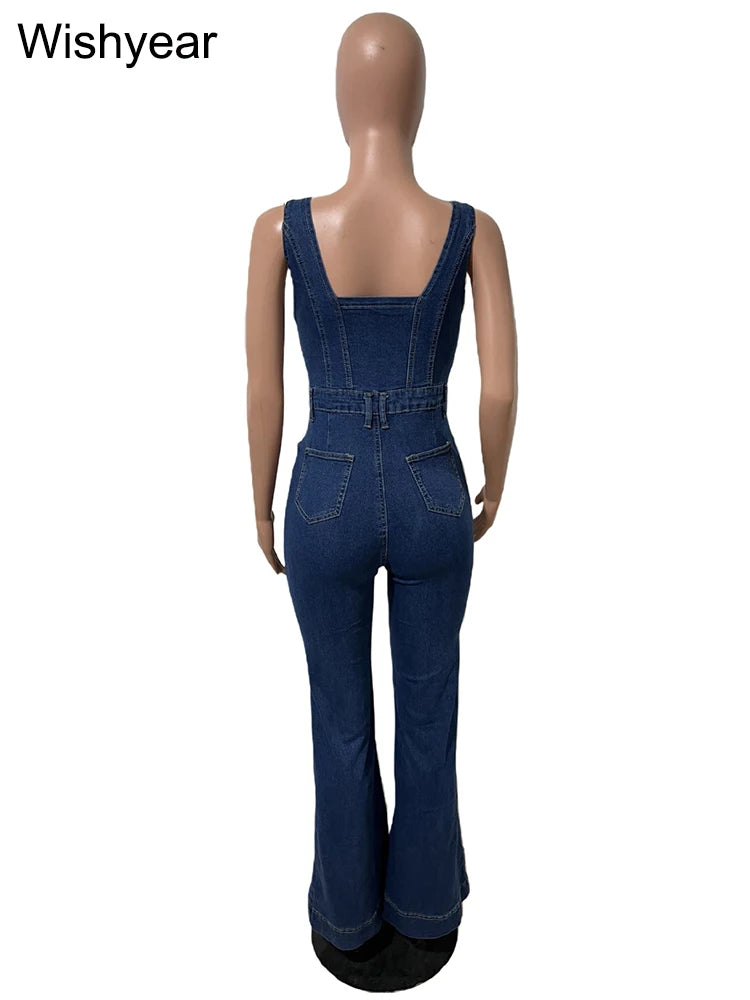 FZ Women's Sleeveless Single Breasted Slim One Piece Vintage Backless Denim Jumpsuit