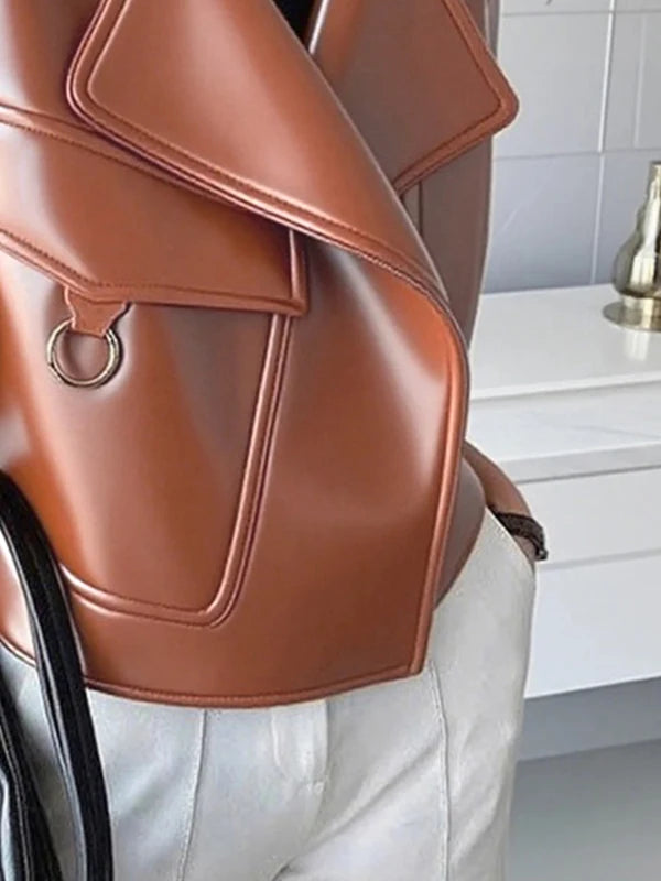 FZ Women's Vintage Long Sleeves Buttoned Faux PU Leather jacket