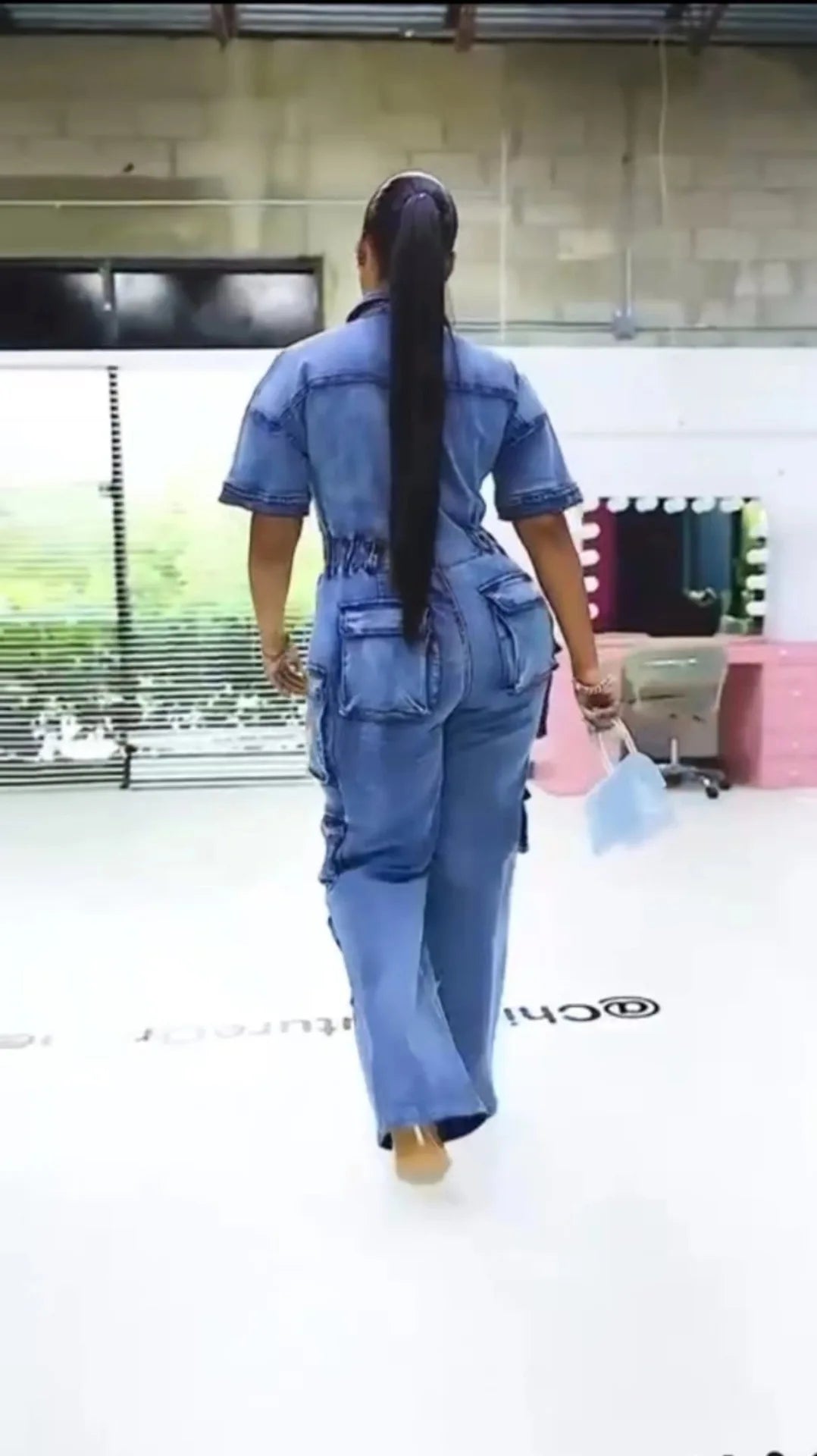 FZ Women's Casual Solid Cargo High Waist One Piece Denim Jumpsuit