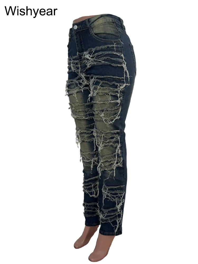 FZ Women's Vintage Pencil Ripped Spliced Distressed Stretch Denim Pants