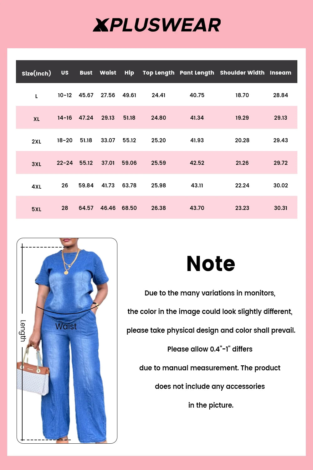 FZ Women's Plus Size Round Neck Short Sleeve Two Piece Denim Pant Suit