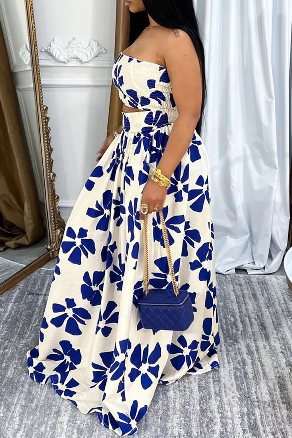 FZ Women's Plus Size Graphic Pocket Smocking Two Piece Skirt Suit