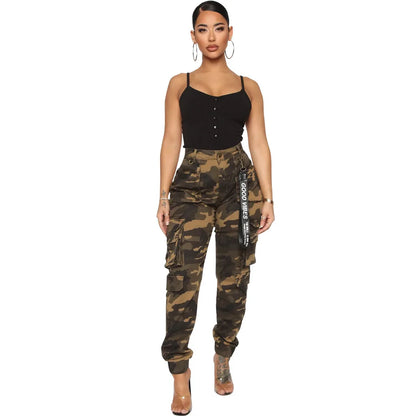 FZ Women's Camouflage Print Streetwear High Waist Side Pockets Cargo Pants - FZwear