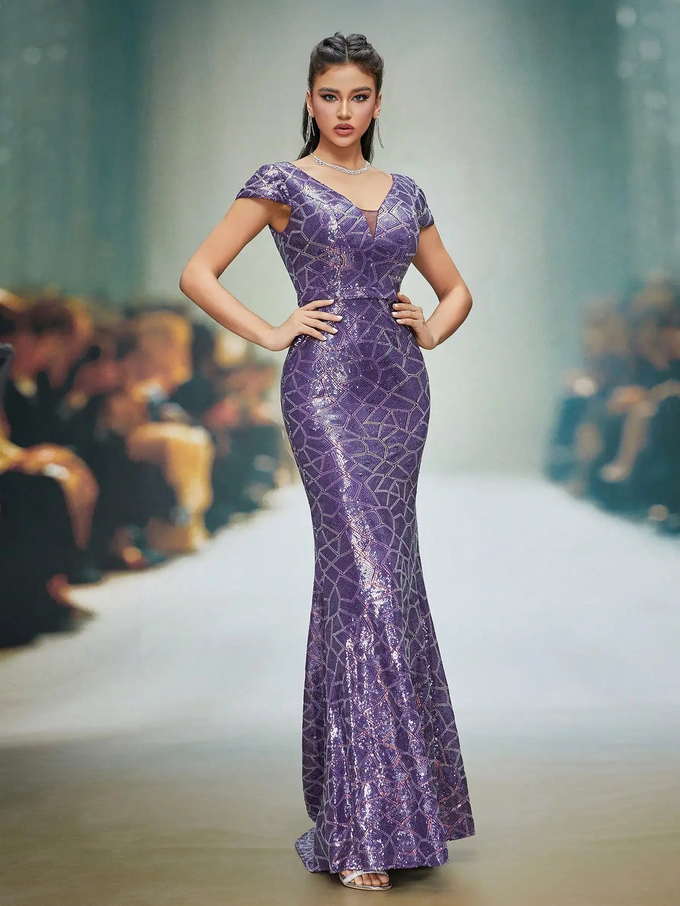 FZ Women's Embroidered Sequins Strapless Sleeves Evening Dress