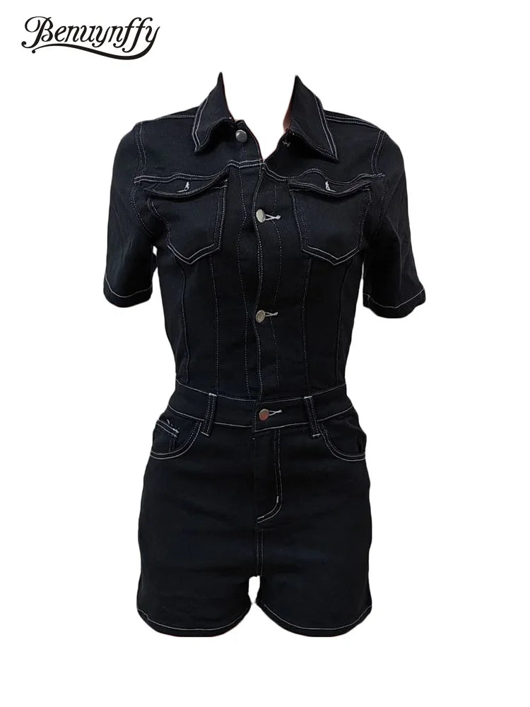 Benuynffy Summer Half Button Jumpsuit Romper Women 2024 Fashion Street style Short Sleeve Black Casual Stretch Denim Shorts FZwear