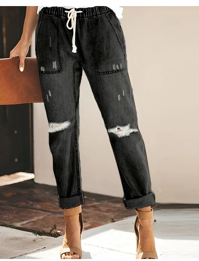 FZ Women's Streetwear Ripped Vintage Drawstring Elastic Waist Denim Pants - FZwear