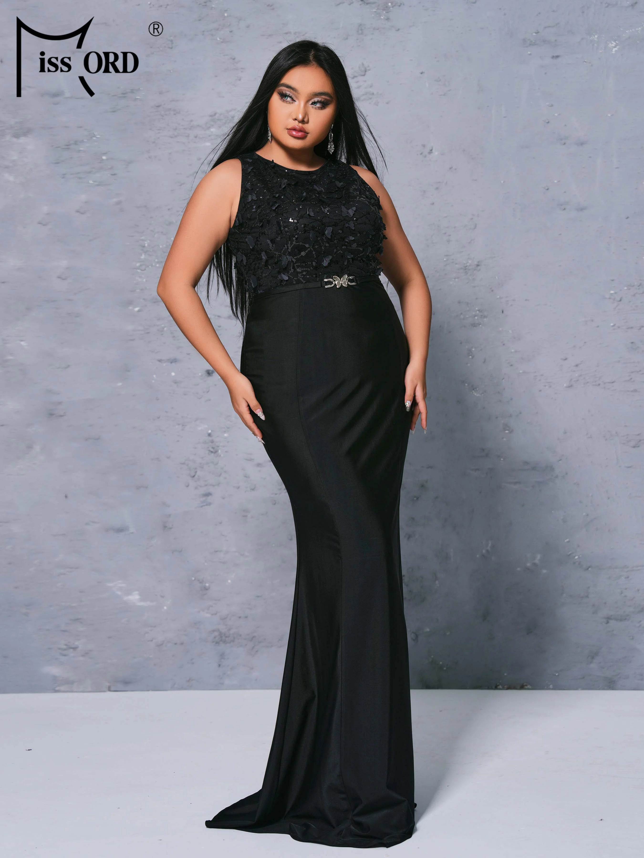FZ Women's Plus Size Round Neck Sleeveless Panel Black Mermaid Evening Dress\