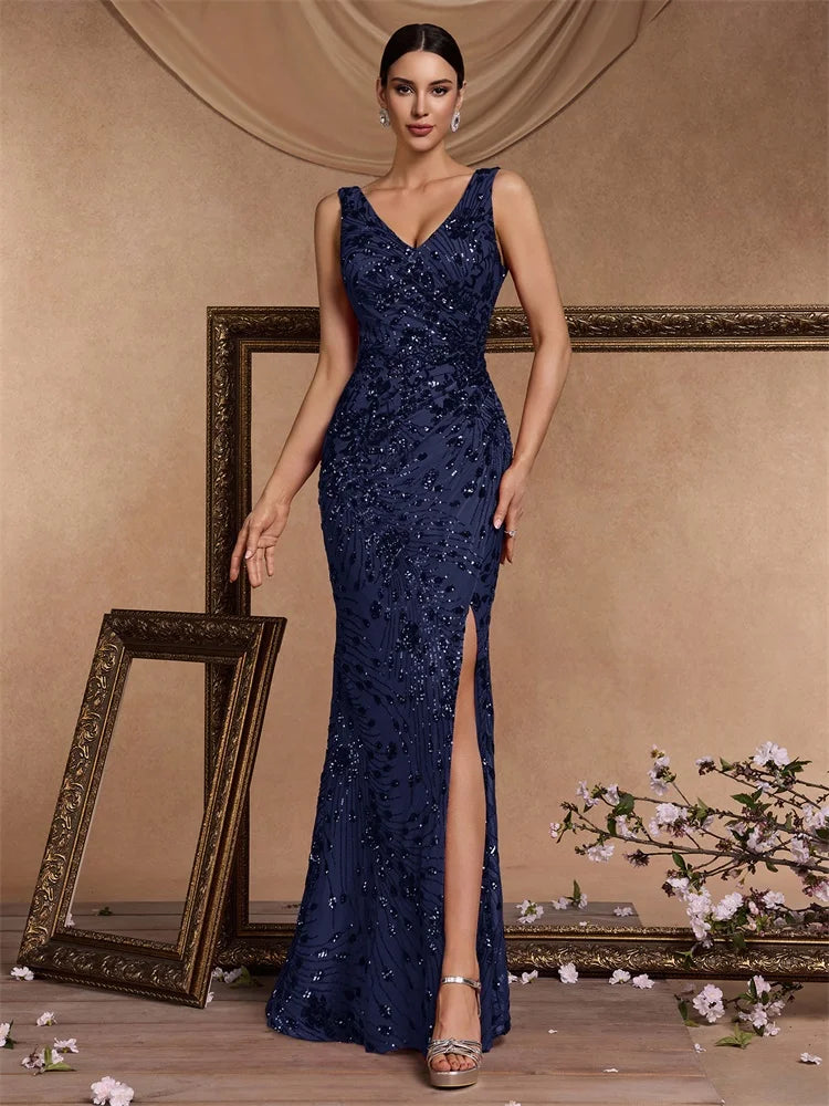 FZ Women's V-neck Slit Sequin Mermaid Deep Cocktail Evening Dress