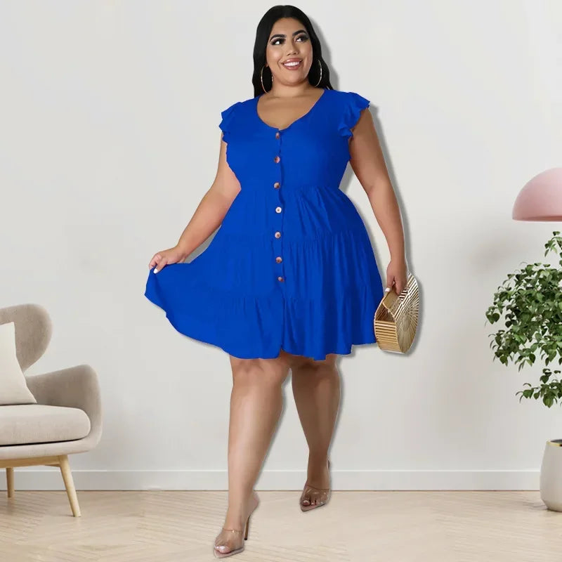 FZ Women's Plus Size Solid Ruffles Short Sleeve Turn-down Collar Single Breasted Dress