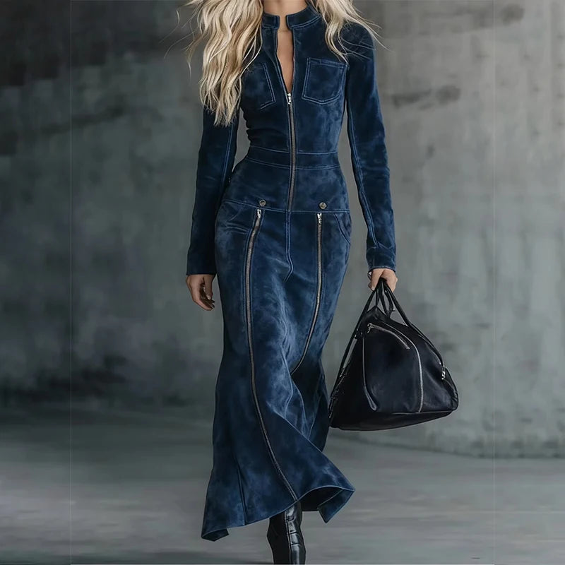 FZ Women's Vintage Solid Zipper Slim Fit O Neck Hip Robe Dress