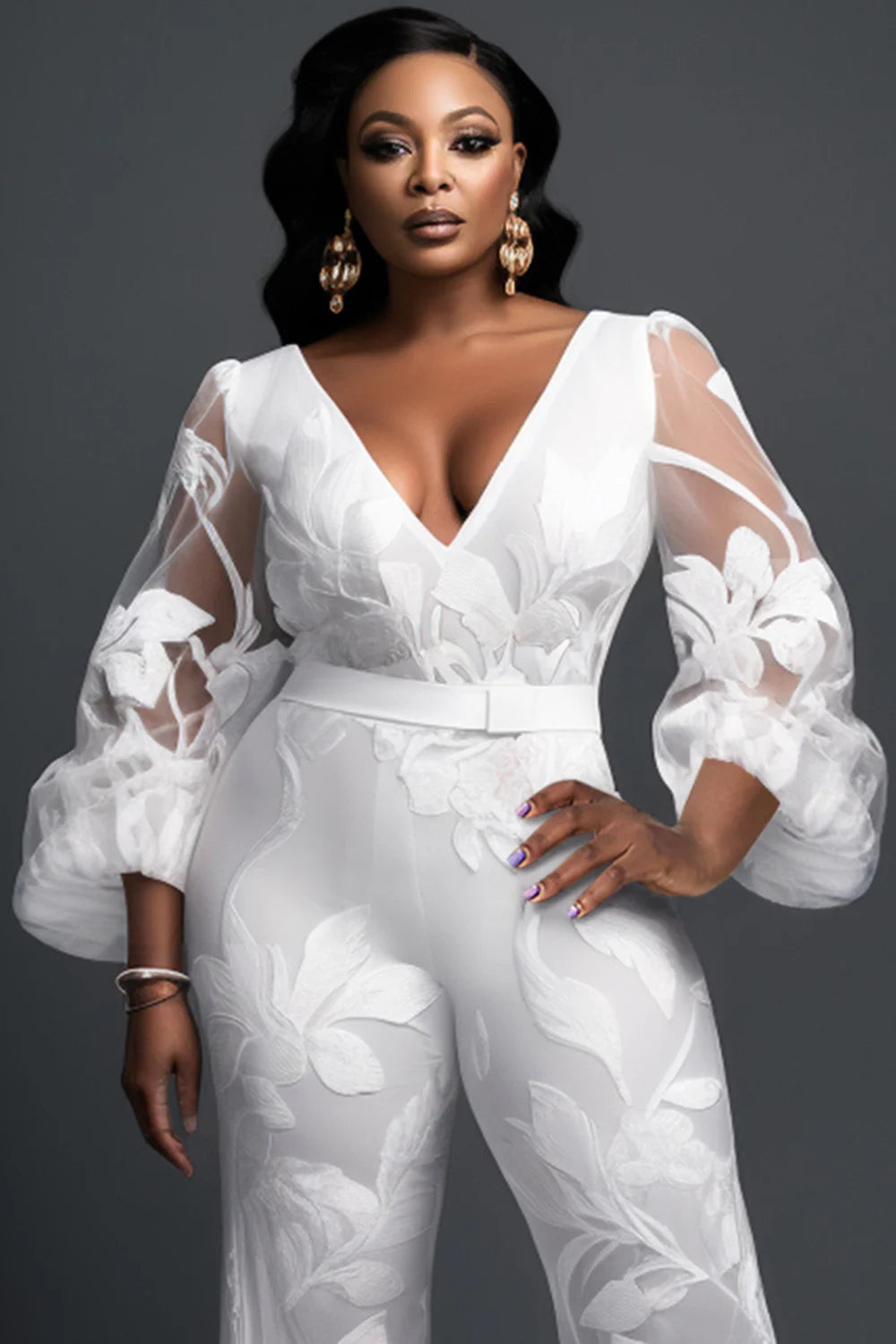 FZ Women's Plus Size V Neck Long Sleeve See Through Jumpsuit