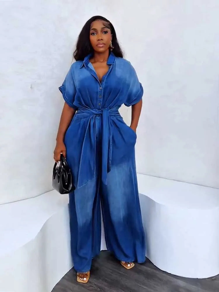 FZ Women's Soft Fabric One Piece High Waist Wide Denim Jumpsuit