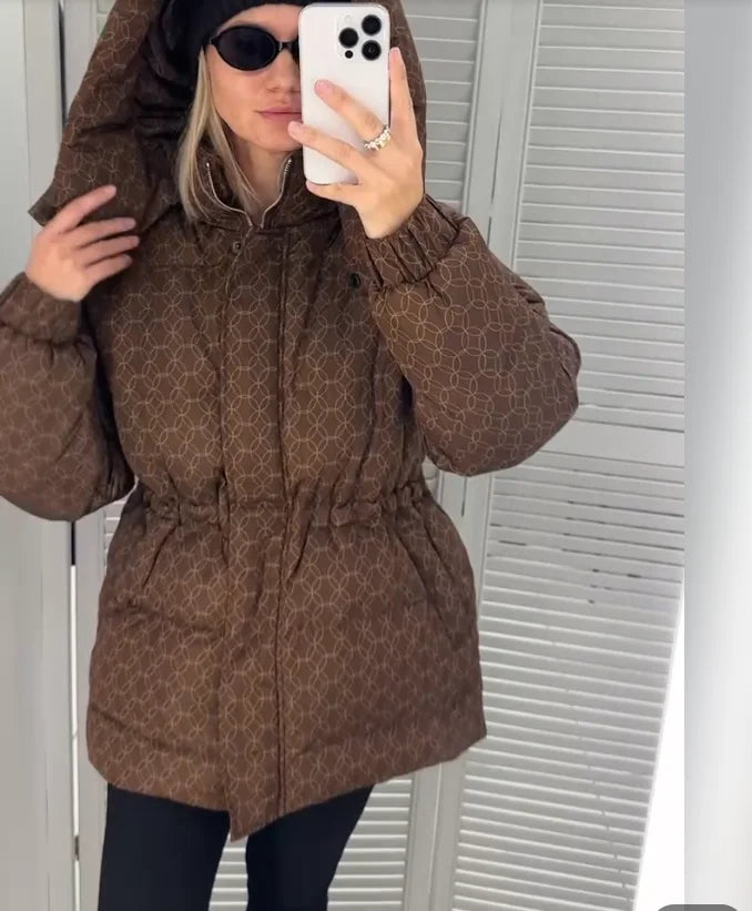 FZ Women's Padded Printed Outerwear Waist-Cinching Coat Jacket