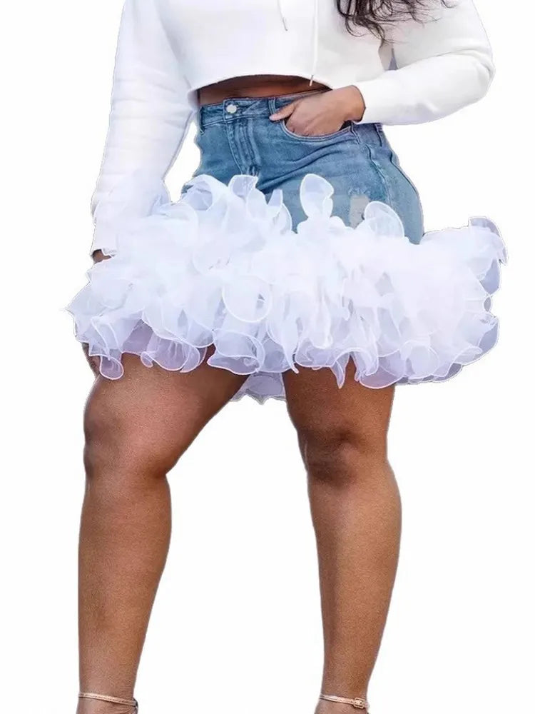 FZ Women's Ruffle Edge Cake Skirt Mini High-Waisted Denim Skirt