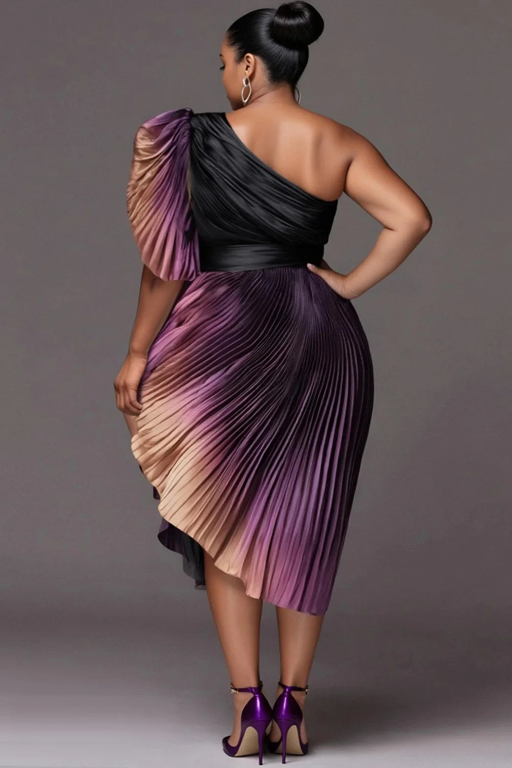 FZ Women's Plus Size One Shoulder Short Sleeve Pleated Asymmetric Hem Midi Dress