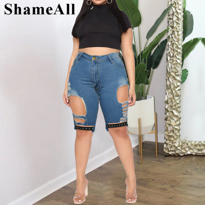 Plus Size Street Punk Hollow Stretchy Shorts 4XL Women Summer Belt Stiching Ripped Hole High Waist Party Club Short Denim Jeans FZwear