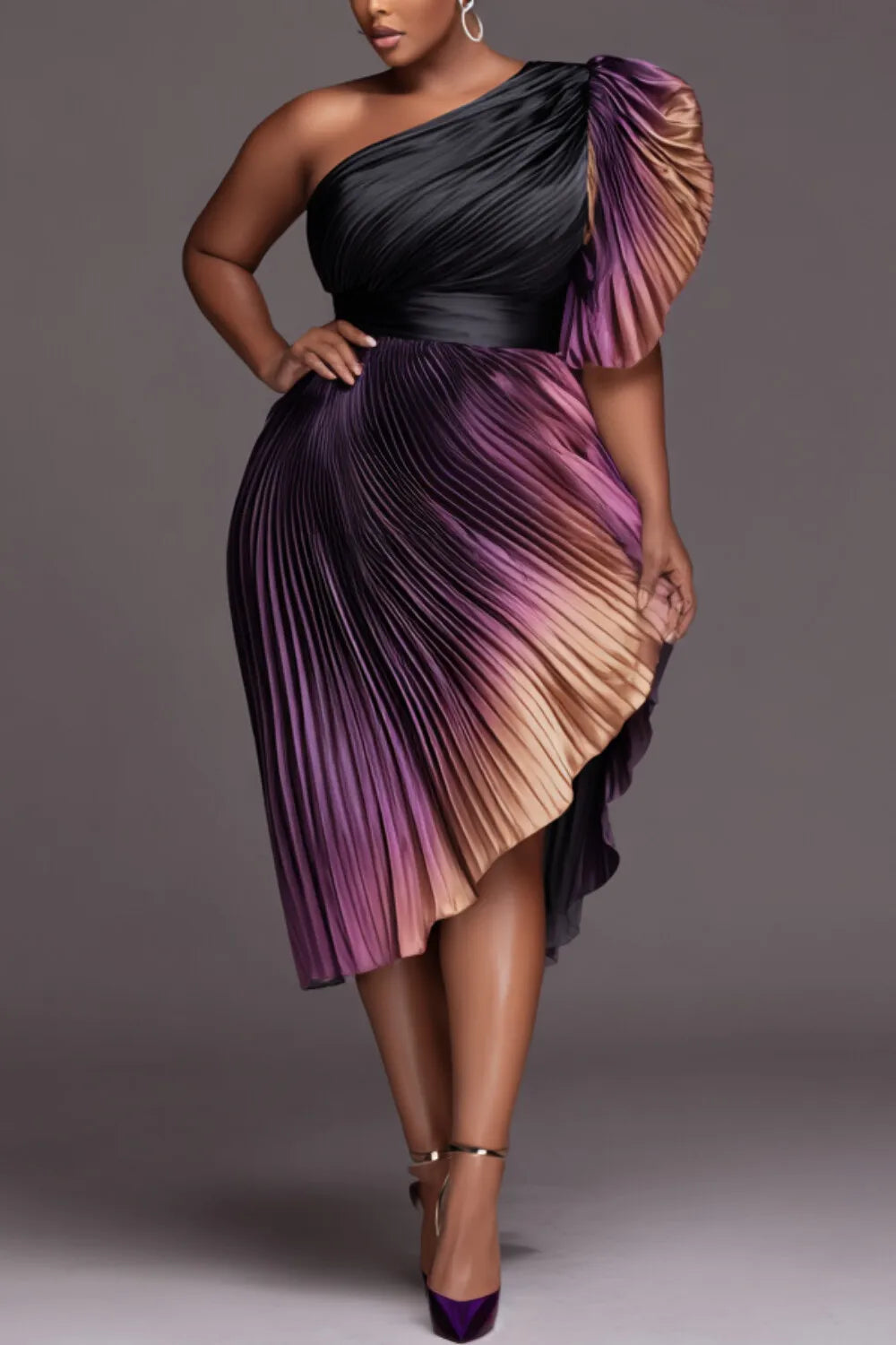 FZ Women's Plus Size One Shoulder Short Sleeve Pleated Asymmetric Hem Midi Dress