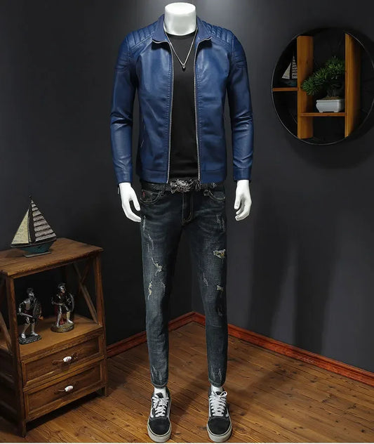 FZ Men's Stand-up Collar PU Leather Jacket