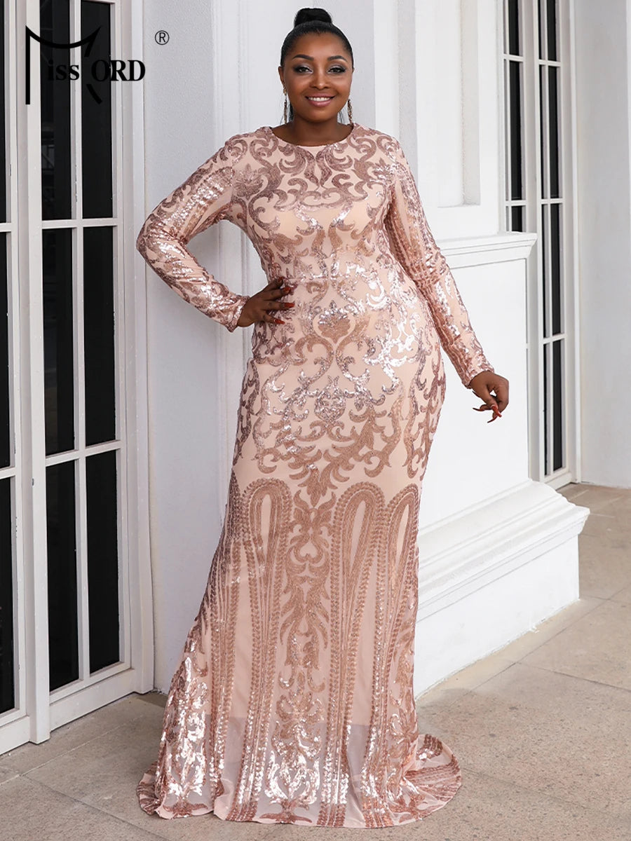 FZ Women's Plus Size Sequin O-neck Long Sleeve Mermaid Evening Dress