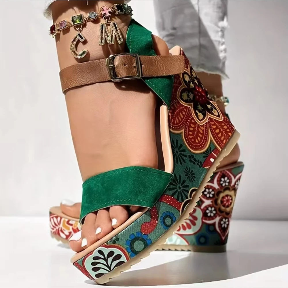 FZ Women's Floral Print Suede Bohemian Wedge Sandals Shoes