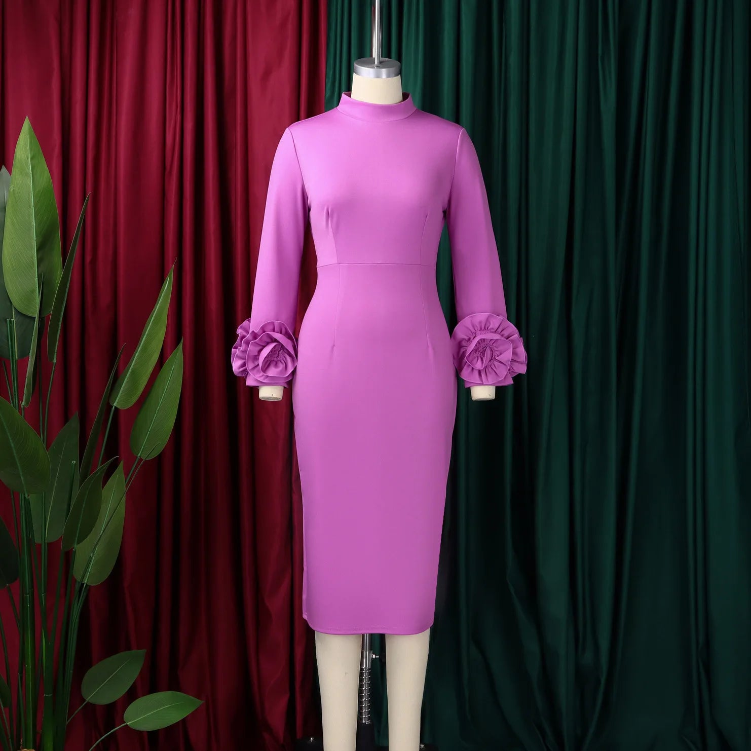 FZ Women's 3D Flower Long Sleeve Half High Collar Dress