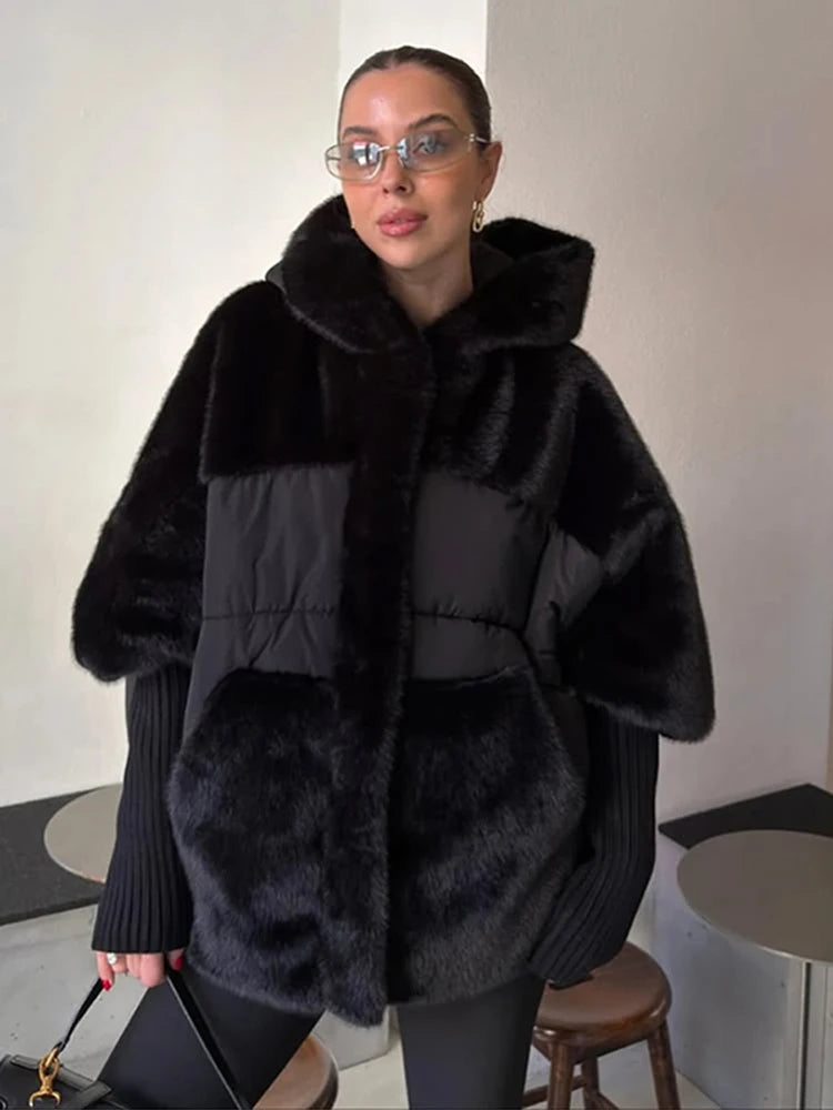 FZ Women's Hooded Patchwork Cotton Faux Fur Oversize Knitted Cuffs Jacket