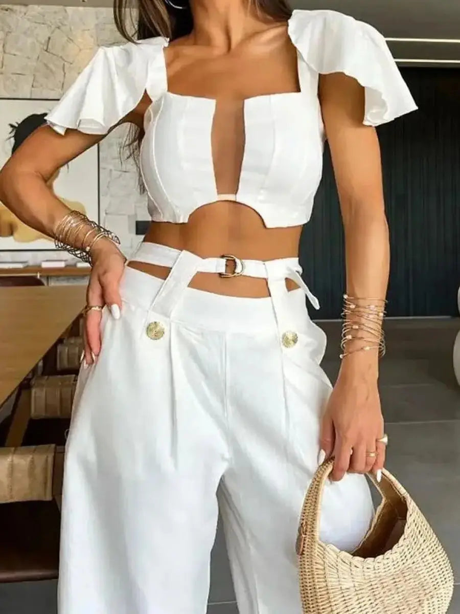 FZ Women V Square Collar Sexy Wide Leg Pants Suit - FZwear