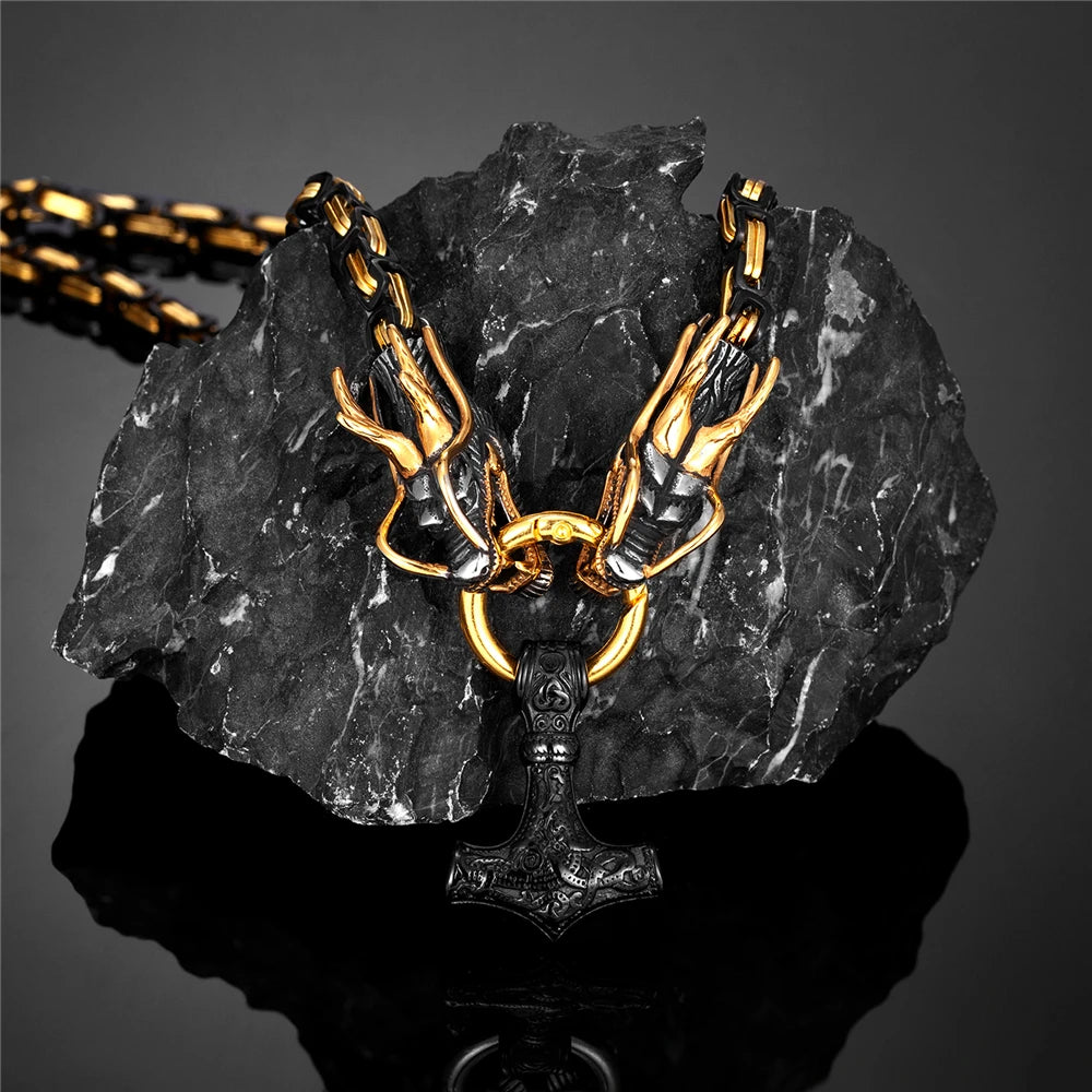 Punk Norse Runes Vikings Dragon Necklace Men's Black Mix Gold Color Stainless Steel Anchor Pendant Mjolnir Scandinavian Jewelry FZwear