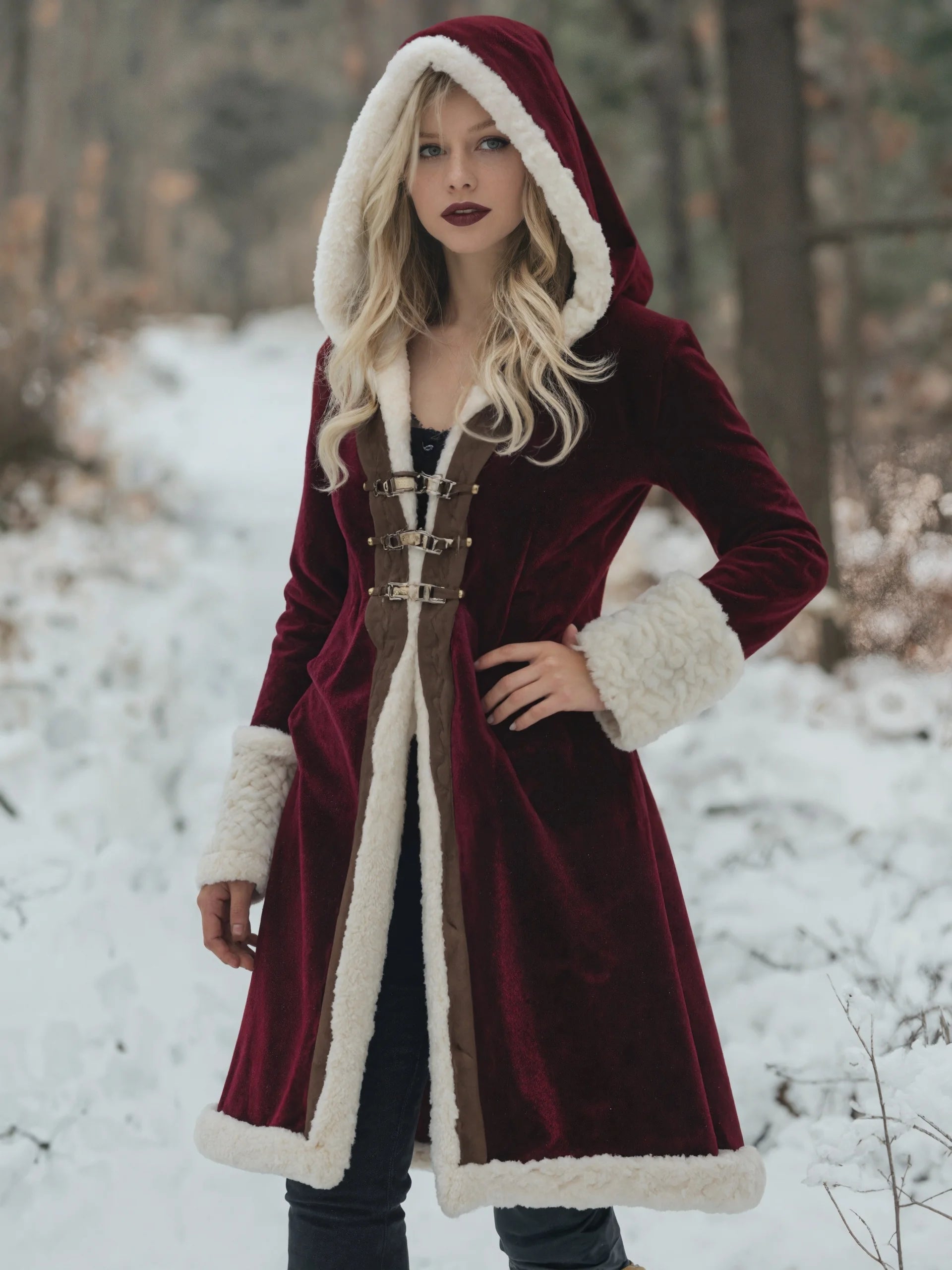 FZ Women's Velvet Trench Long Sleeve Pocket Hooded Jacket