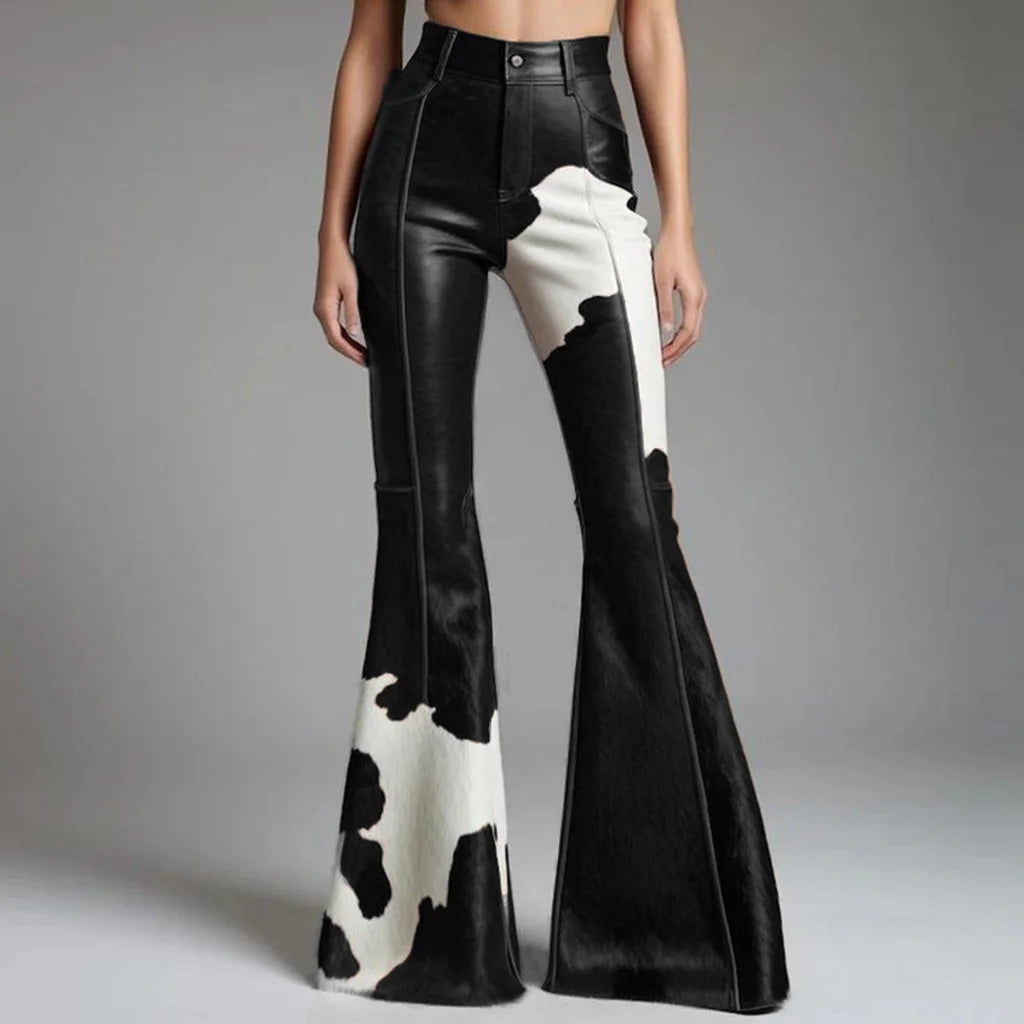 FZ Women's Cow Pattern Flare High Waist Slim Faux Leather High Street Pants