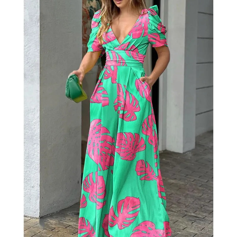 FZ Women's Sexy Deep V Neck Puff Pleated Wrap Tunic Maxi Sun Dress - FZwear