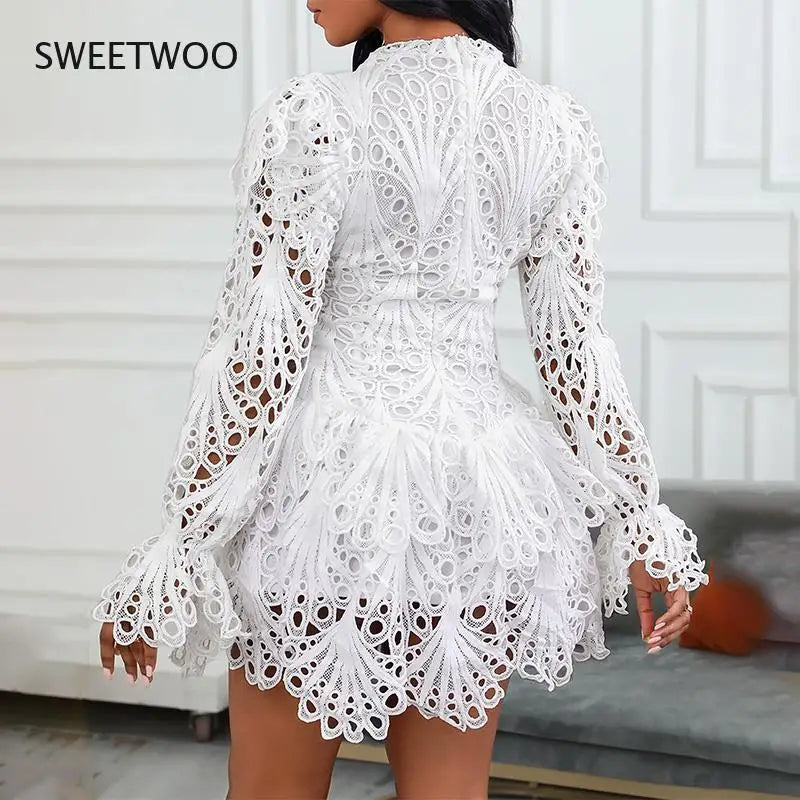 FZ Women's Crochet Cutout Flared Sleeve Lace Mini Dress - FZwear