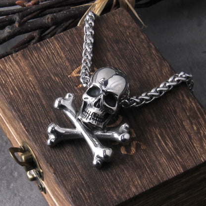 Punk Stainless Steel Skull Chain Pendant Necklace Vintage Hip Hop Statement Necklaces for Men Male Boho Jewelry with wooden box FZwear