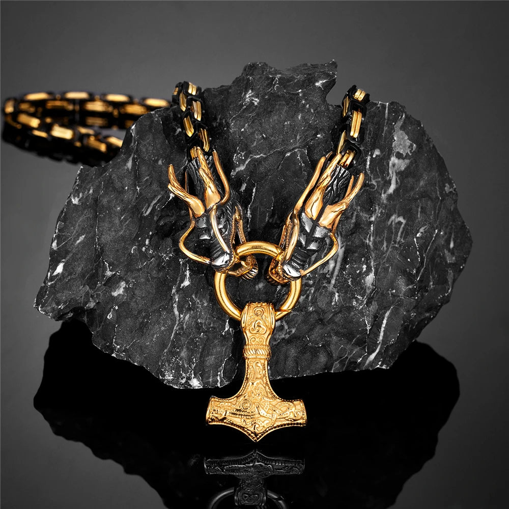 Punk Norse Runes Vikings Dragon Necklace Men's Black Mix Gold Color Stainless Steel Anchor Pendant Mjolnir Scandinavian Jewelry FZwear